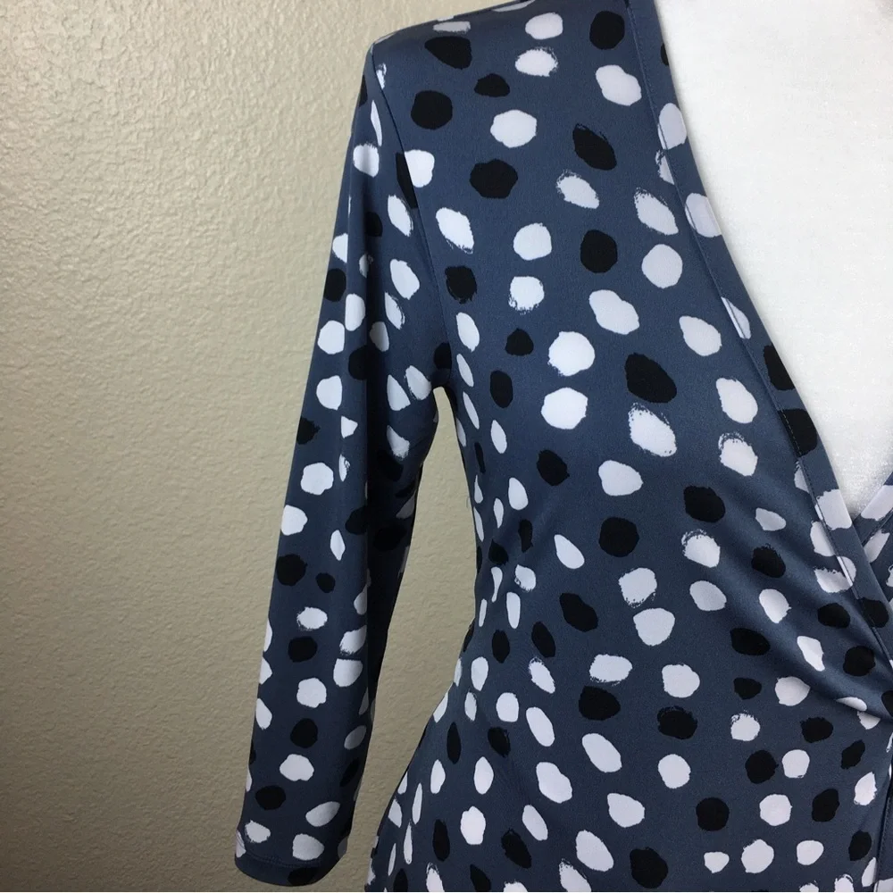 Banana Republic Wrap Dress Gray Black White Polka Dot Stretch 3/4 Sleeve Size S - Picture 3 of 13